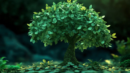 This captivating image features a lush green tree with vibrant leaves, set in a mystical forest environment. Ideal for projects focused on nature and tranquility.の素材