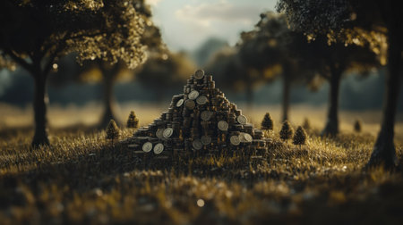 A mesmerizing pile of coins glimmers in a serene forest setting, surrounded by trees and grass, capturing the essence of wealth and tranquility under warm sunlight.の素材