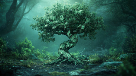 A surreal money tree emerges in a foggy forest, symbolizing wealth and prosperity. The enchanting environment invites reflection on nature and finance.の素材