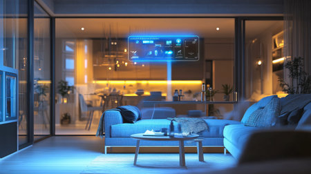 A stylish modern living room featuring a sleek interactive display screen, elegant furniture, and cozy ambiance, showcasing a perfect balance of comfort and technology.の素材