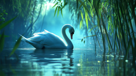 A stunning white swan glides serenely on a tranquil pond, enveloped in gentle fog. The scene captures the serene beauty of nature and wildlife at dawn.の素材