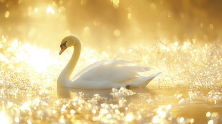 A beautiful white swan gracefully glides across a shimmering body of water, reflecting sunlight and creating a tranquil scene filled with golden hues.の素材
