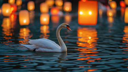 A serene scene featuring a graceful swan gliding through calm waters illuminated by glowing lanterns. Captures tranquility and beauty at dusk.の素材