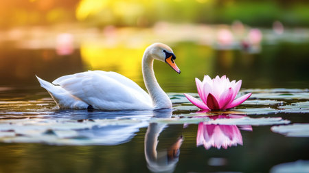 An elegant swan gracefully swims near a vibrant pink lotus flower, reflecting beautifully on a serene lake. The peaceful scenery captures nature's charm.の素材