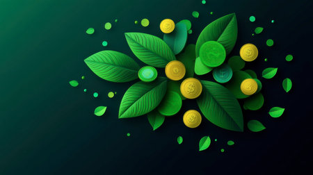 This vibrant illustration showcases green leaves alongside shiny coins, symbolizing prosperity and growth in a modern design. Perfect for finance and eco-themed projects.の素材