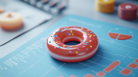 A vibrant doughnut with colorful sprinkles resting on a table, surrounded by charts and statistical elements, perfect for conveying creativity and fun in the food industry.の素材