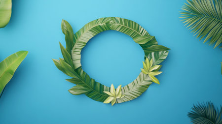 Circular tropical leaf wreath against a bright blue background creates a stunning visual for home or office decor. Ideal for modern, vibrant spaces.の素材