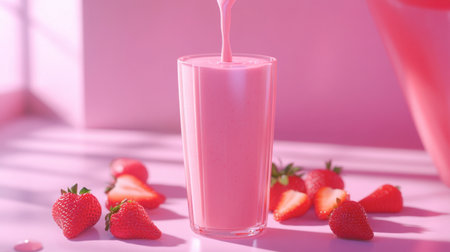 A delicious strawberry smoothie served in a clear glass, surrounded by fresh strawberries. The vibrant pink color enhances its refreshing appeal, perfect for summer.の素材