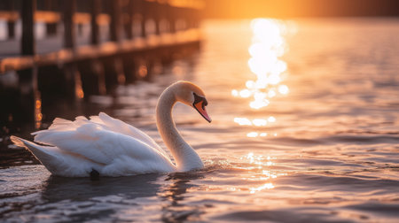 A beautiful swan gracefully swims through calm waters during sunset. The serene scene captures soft light reflecting off the surface, creating a tranquil atmosphere.の素材