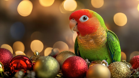 A beautiful parrot sits gracefully among colorful Christmas ornaments, creating a festive atmosphere. The bright colors and soft bokeh enhance the joyful holiday spirit.の素材