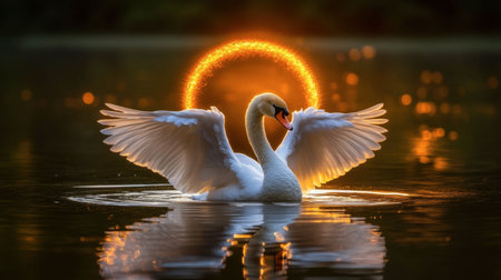 A majestic swan elegantly spreads its wings over a tranquil lake at sunrise, creating a stunning visual with glowing reflections and serene surroundings.の素材