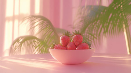 A visually appealing arrangement of fresh strawberries in a bowl set against a soft pastel background. The gentle lighting creates a serene and inviting atmosphere, perfect for food enthusiasts.の素材