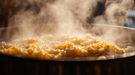 This close-up image features steaming pasta cooking in a pot on the stove. The rising steam creates a warm and inviting atmosphere, perfect for food lovers.の素材