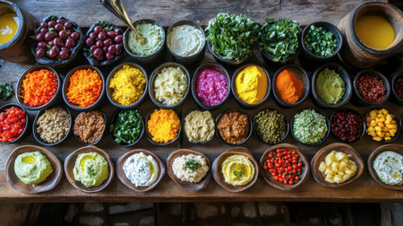 A vibrant display of fresh vegetables and dips beautifully arranged on a rustic wooden table. Perfect for showcasing healthy eating and culinary creativity.の素材