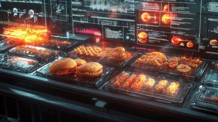A vibrant and futuristic display showcasing various fast food items with a digital interface. The glowing aesthetics highlight the modern approach to food service.の素材