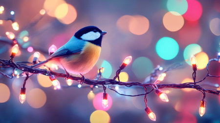 A serene scene featuring a colorful bird perched on a branch adorned with twinkling Christmas lights. The vibrant bokeh background creates a festive atmosphere, highlighting the beauty of nature and holiday spirit.の素材