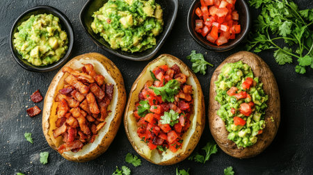 Indulge in a vibrant assortment of loaded baked potatoes topped with fresh guacamole, diced tomatoes, and crispy bacon. Perfect for any meal!の素材