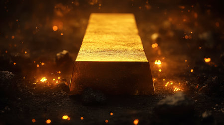 A striking gold bar illuminated by warm light in a dark atmosphere, symbolizing wealth and luxury. The intricate details and texture evoke a sense of value and richness.の素材