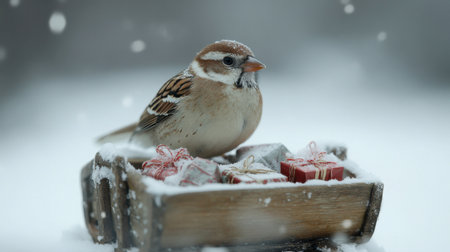 A charming sparrow stands on a wooden tray surrounded by colorful Christmas gifts in a serene snowy environment, evoking warmth and joy.の素材