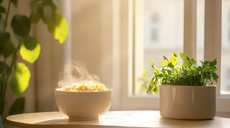 A steaming bowl of freshly cooked pasta rests on a table by a sunlit window, complemented by a pot of vibrant herbs, evoking warmth and comfort in a cozy kitchen setting.の素材