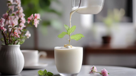 A serene scene featuring a glass filled with creamy milk as fresh mint pours in. Delicate flowers and soft colors create a tranquil kitchen ambiance.の素材