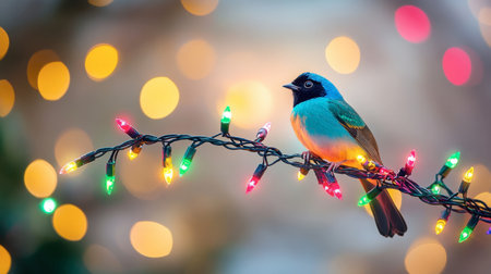 A vibrant bird rests on a string of colorful lights, adding charm to a festive atmosphere. This enchanting scene captures the beauty of nature amidst bright decorations.の素材