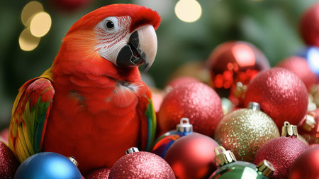 A beautiful parrot perched among a collection of colorful Christmas ornaments. The vibrant colors and festive atmosphere create a joyful holiday scene.の素材