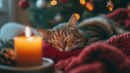 A cozy scene featuring a sleeping cat nestled in a warm blanket next to a glowing candle, surrounded by festive Christmas decorations and lights, evoking a serene holiday atmosphere.の素材