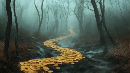 A serene forest scene with a winding stream of shimmering gold coins, surrounded by misty trees. The enchanting atmosphere invites exploration and wonder.の素材
