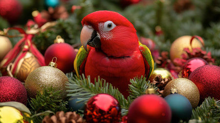 A vibrant red parrot nestled among colorful Christmas ornaments and pine branches, creating a cheerful holiday scene full of festive spirit and natural beauty.の素材