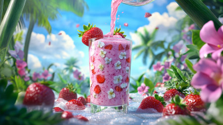 A vibrant strawberry smoothie served in a glass, surrounded by fresh berries and colorful flowers in a tropical paradise. Perfect for summer.の素材