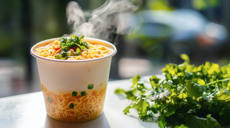 A steaming cup of instant noodles topped with fresh herbs offers a delightful visual of comfort food. Perfect for quick meals and savory cravings.の素材