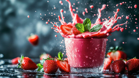 A stunning image of a vibrant strawberry smoothie creating a splash in a glass, surrounded by fresh strawberries and mint leaves. Perfect for summer beverage themes.の素材