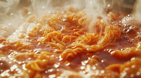 A close-up view of steaming noodles immersed in a rich red broth, showcasing the inviting texture and warmth of this delicious Asian dish, perfect for food lovers.の素材
