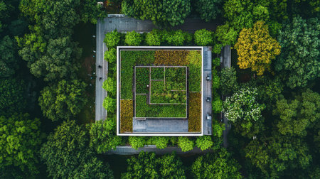 Discover an aerial view showcasing a green roof atop modern architecture, surrounded by lush trees. This image emphasizes sustainability and urban nature.の素材