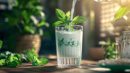 A refreshing mint herbal drink showcased in a clear glass, surrounded by lush mint leaves and soft sunlight. Perfect for a summer rejuvenation.の素材