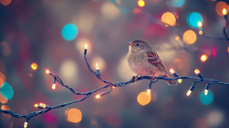 A delicate bird sits gracefully on a light strand, surrounded by vibrant, twinkling lights. This enchanting scene captures the charm of nature amidst festive decorations.の素材