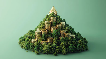 A vibrant depiction of sustainable growth, featuring coins arranged in a green landscape. This image symbolizes the balance between finance and nature, reflecting eco-friendly investment.の素材