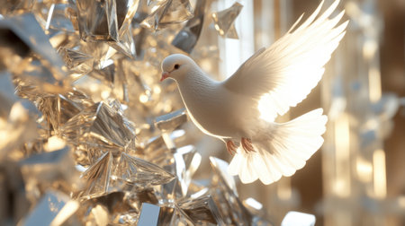 A serene white dove gracefully soars through a shimmering landscape of crystals, embodying purity and peace while capturing the essence of flight and freedom.の素材