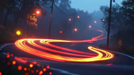 This captivating image features a winding road illuminated by vibrant light trails of passing cars, surrounded by a serene misty atmosphere.の素材