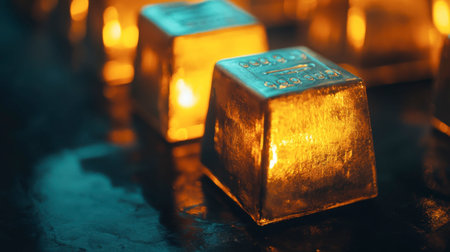 A captivating image of shimmering gold bars illuminated softly in a dark environment, highlighting their luxurious texture and rich color, ideal for financial and investment themes.の素材