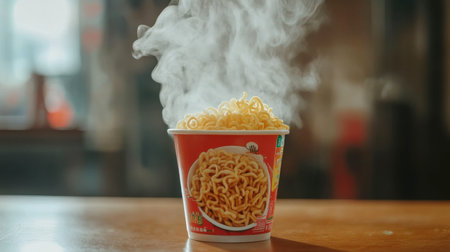 A steaming cup of freshly cooked instant noodles showcasing a delightful aroma. Perfect for quick meals, snacks, or comforting dinners, this photo highlights the essence of casual dining and Asian cuisine.の素材