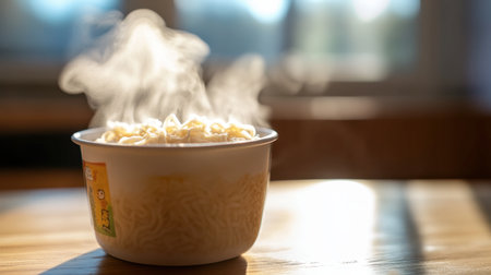 A steaming bowl of instant noodles sits on a wooden table, showcasing the warmth and comfort of a homemade meal. Perfect for food photography.の素材