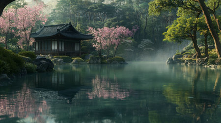 A stunning depiction of a serene Japanese garden featuring cherry blossoms surrounding a tranquil pond. The misty atmosphere enhances the peacefulness.の素材