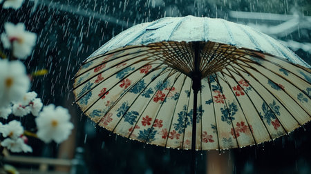 A stunning floral umbrella surrounded by rain showcases vibrant colors and intricate patterns. The refreshing water droplets create a peaceful ambiance in nature.の素材