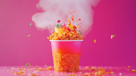 A visually striking image of steaming instant noodles served in a vibrant cup. Colorful ingredients add flair and taste, perfect for appetizing food photography.の素材