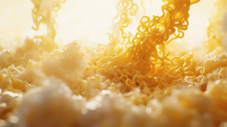 Close-up view of steaming noodles rising above a fluffy cloud of seasoning, showcasing vibrant colors and textures. Perfect for culinary use.の素材