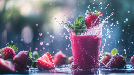 A vibrant strawberry smoothie splashes in a glass surrounded by fresh berries. This refreshing drink embodies summer's essence, perfect for health-oriented lifestyles.の素材