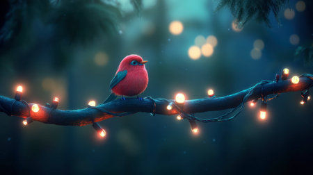 A vibrant red bird perches on a branch adorned with glowing lights, creating a captivating scene in a serene forest setting, embodying a magical atmosphere.の素材