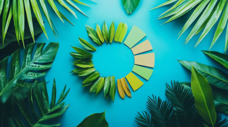 A captivating arrangement of green leaves encircles a colorful palette on a vivid blue background, showcasing creativity and nature's beauty. Perfect for design projects.の素材